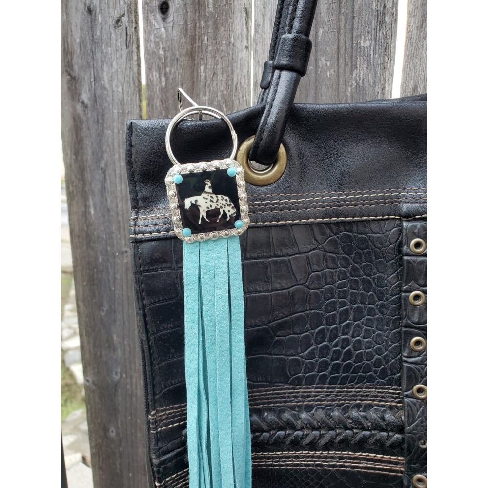 Handmade boho appy horse Leather Fringe Western bag charm, Long fringe keychain